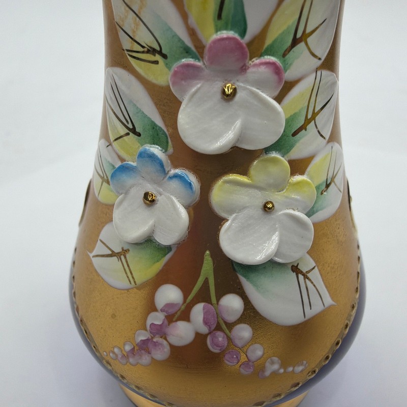 Bohemia Glass Czechoslovakia Cobalt Blue Gold Enamel Floral Bud Vase 3.5 in gallery