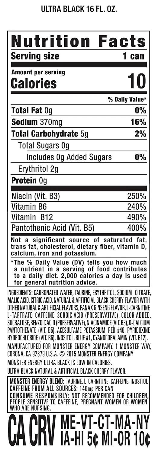 (15 Pack) Monster Ultra Black Energy Drink with Vitamins, Zero Sugar, 16 Fl Oz gallery