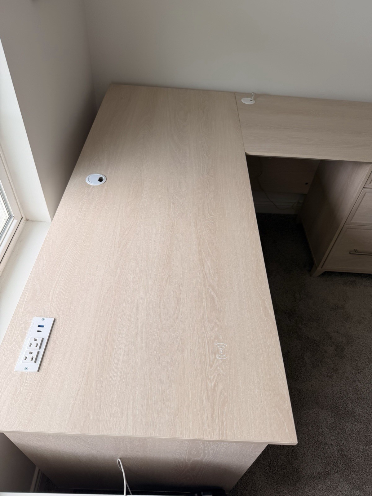 L-Shaped Corner Computer Desk, Light Wood Tone, 3 Drawers, Beige gallery