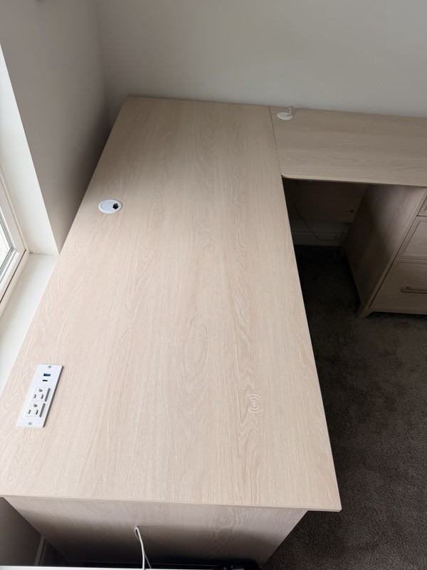 L-Shaped Corner Computer Desk, Light Wood Tone, 3 Drawers, Beige gallery