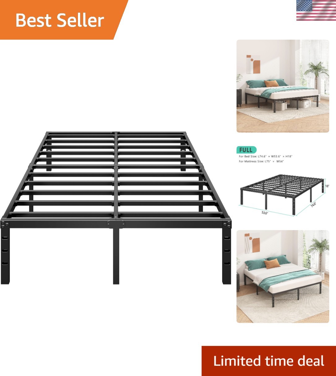 Space-Saving 14-Inch Metal Bed Frame for Full Mattress, Supports 1100 Pounds gallery