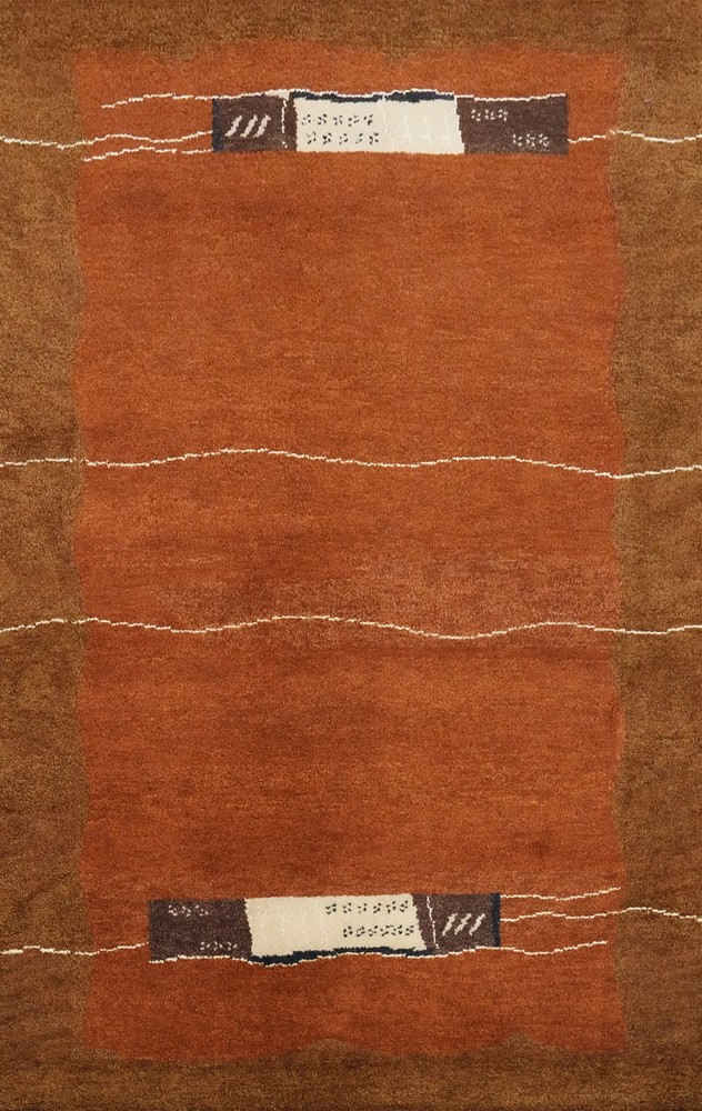 Contemporary Terracotta Wool Handmade Rug 5x7 with Artistic Border Design Carpet
