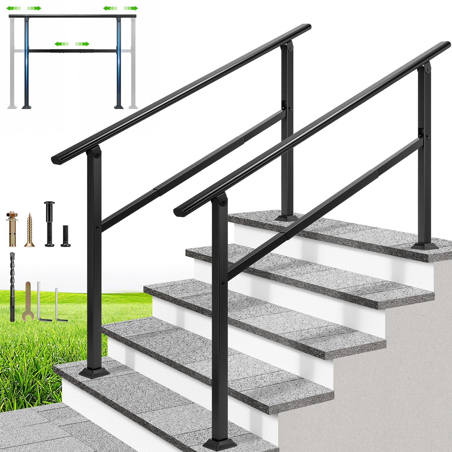 Outdoor Stair Handrail 5 Step Adjustable Railing Galvanized Steel Black 2 Pack gallery