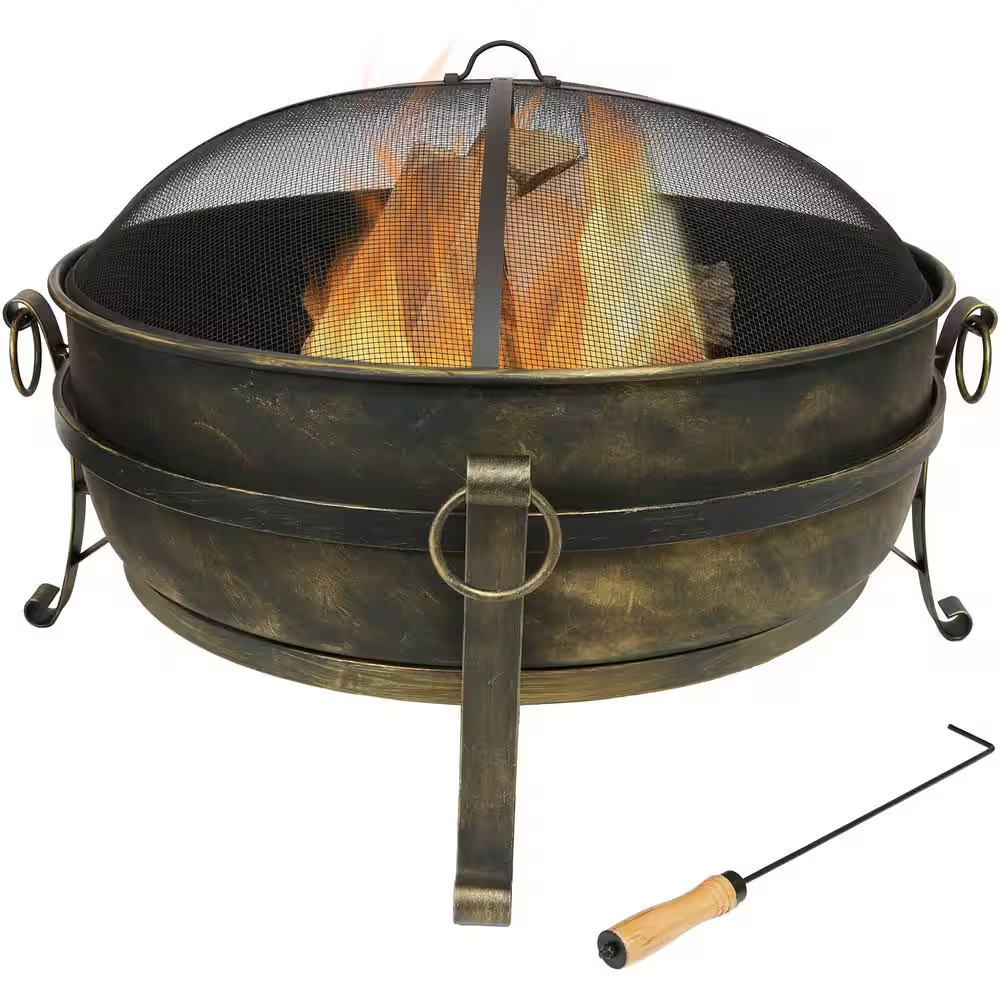 34 In. X 23 In. round Large Steel Cauldron Wood Fire Pit in Black with Spark Scr gallery