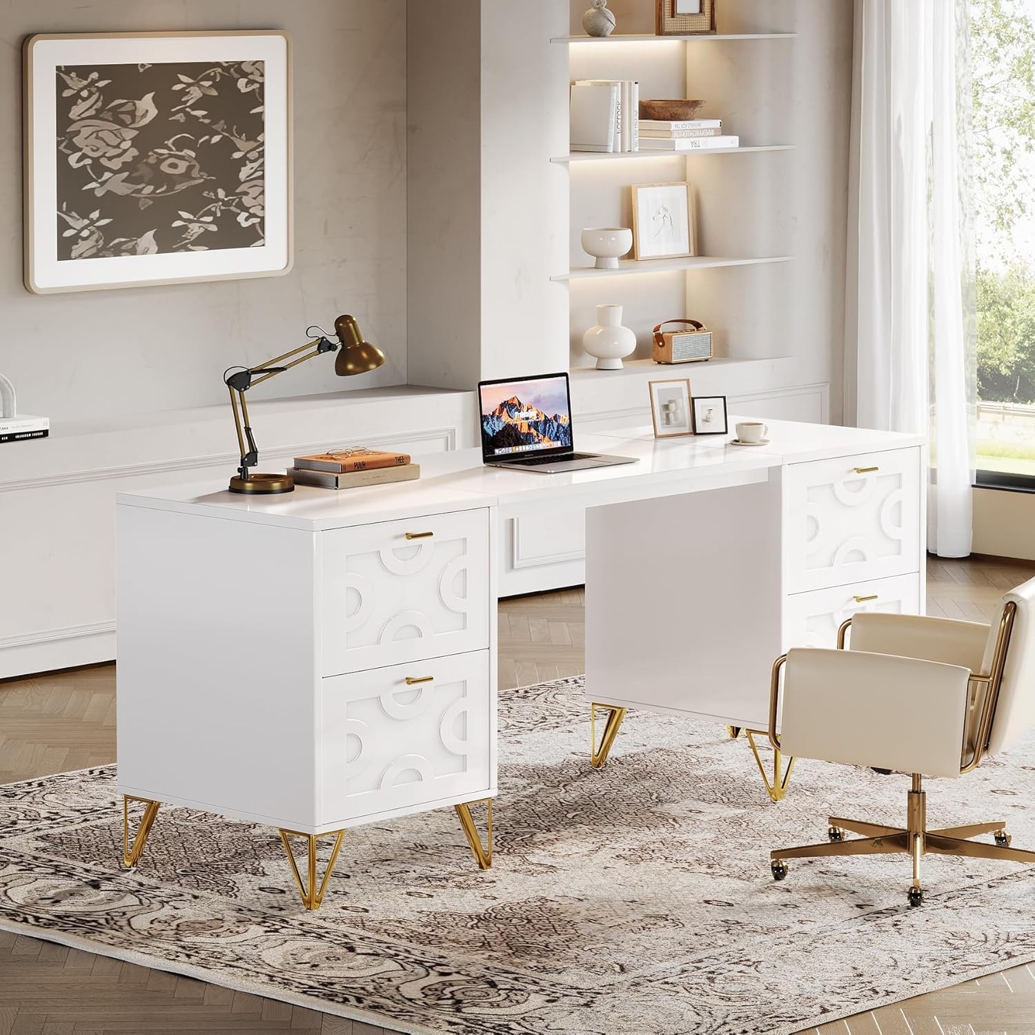 Tribesigns 59'' Executive Desk, White and Gold Modern Desk with 4 File Drawers gallery