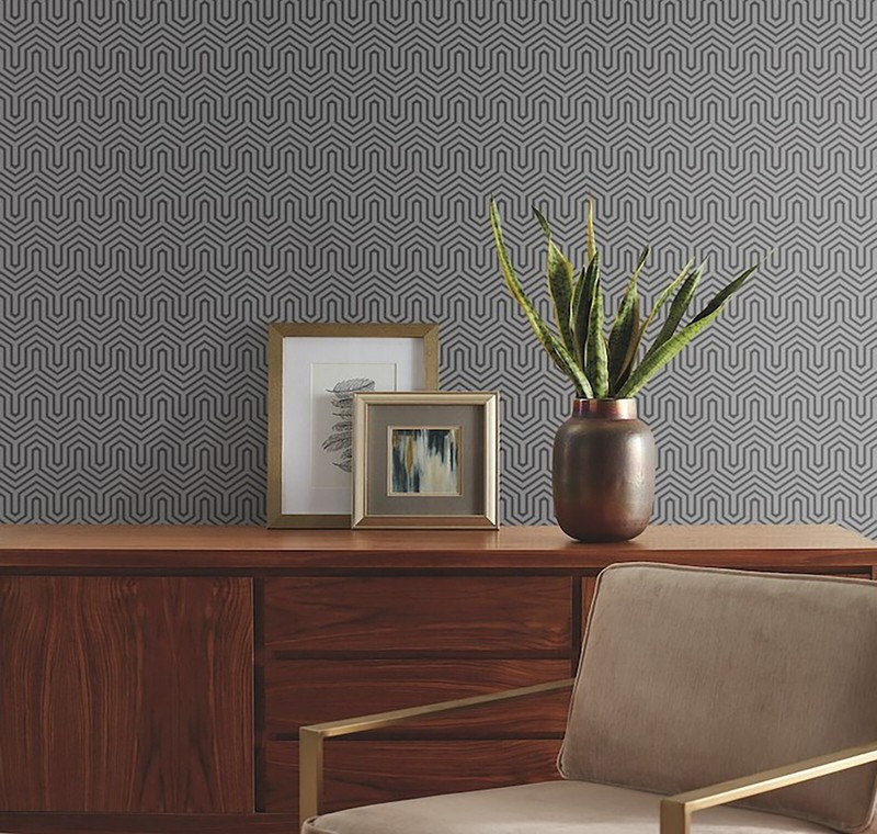 Navy blue foil silver metallic flocking Geo velvet Labyrinth flocked wallpaper gallery