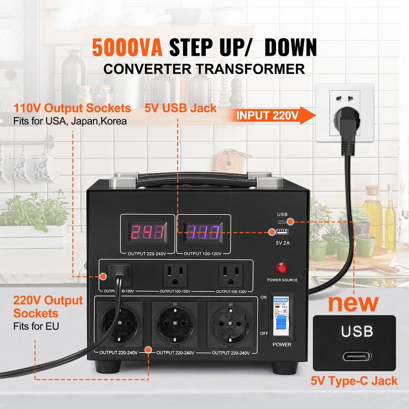 VEVOR 5000W Voltage Converter Transformer Step Up/Down 220V-110V /110V-220V CE gallery