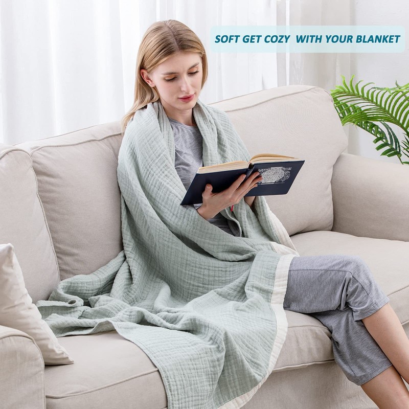 SE SOFTEXLY Cotton Muslin Blankets 4-Layer Linen Texture Blankets for Bed Couch, gallery