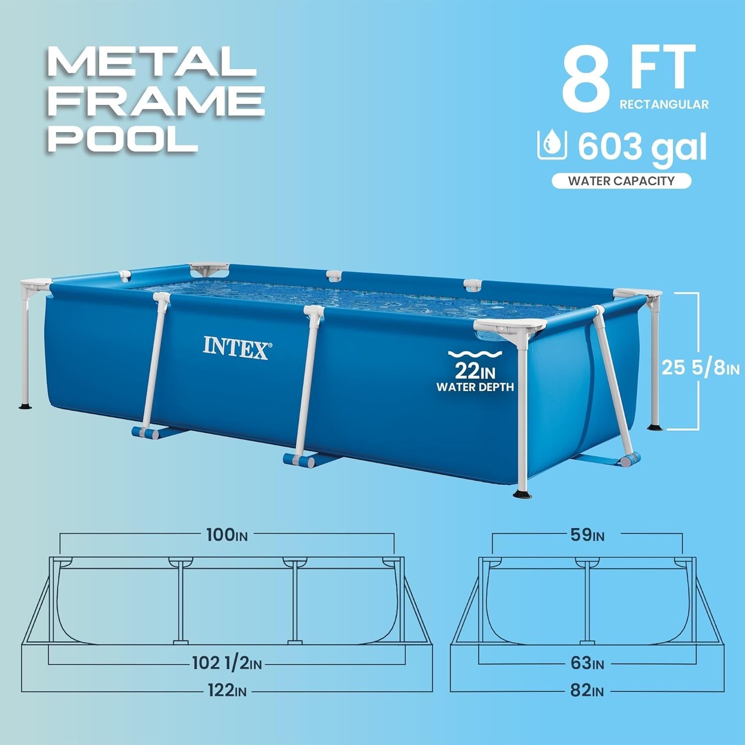 INTEX Rectangular Frame 8 ft 6 in x 5 ft 3 in x 25 in Above Ground Pool, Swimmin gallery