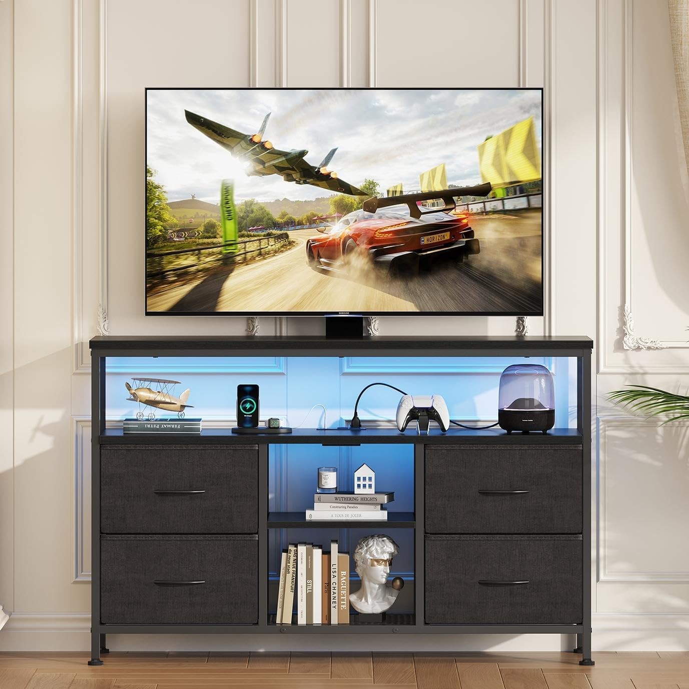 TV Stand Entertainment Center w/ LED Lights 4 Drawer Media Console Power Outlets gallery