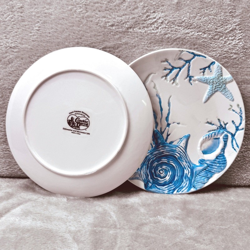 Cracker Barrel Hand Painted Stoneware Coastal Shell Starfish Salad Plates Set 2 gallery