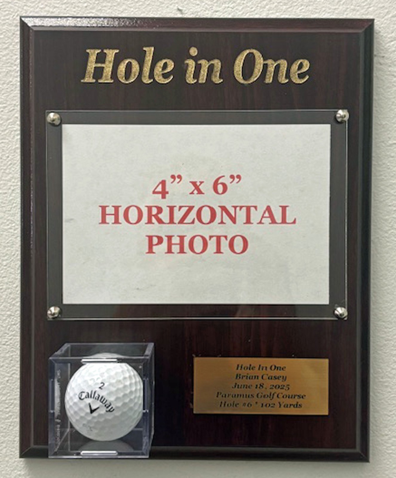 Personalized Golf Hole In One Display w your 4x6 photo ball & engraved nameplate gallery