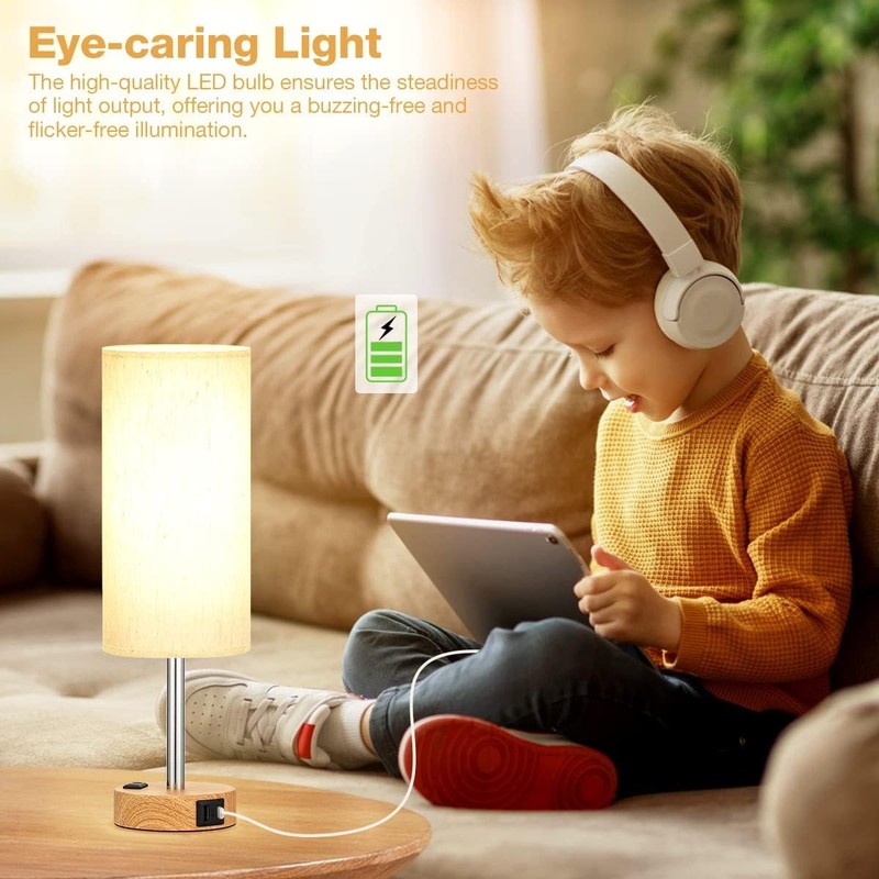 3 Way Touch Bedside Table Lamp USB C AC Outlet Wood Base LED Bedroom Light Shade gallery