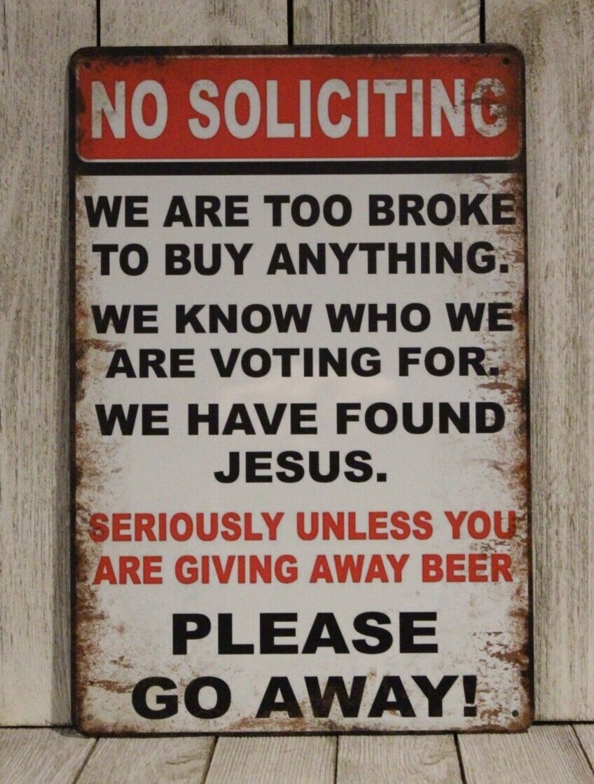 No Soliciting Solicitations Sign Tin Warning Rustic Vintage Style Go Away gallery