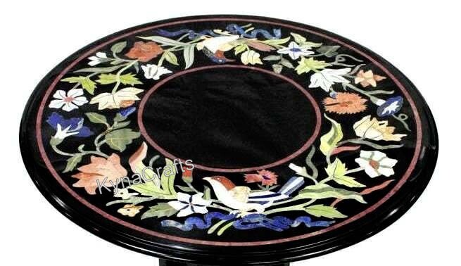 Black Marble Coffee Table Top Nature Pattern Inlay Work Corner Table for Balcony gallery