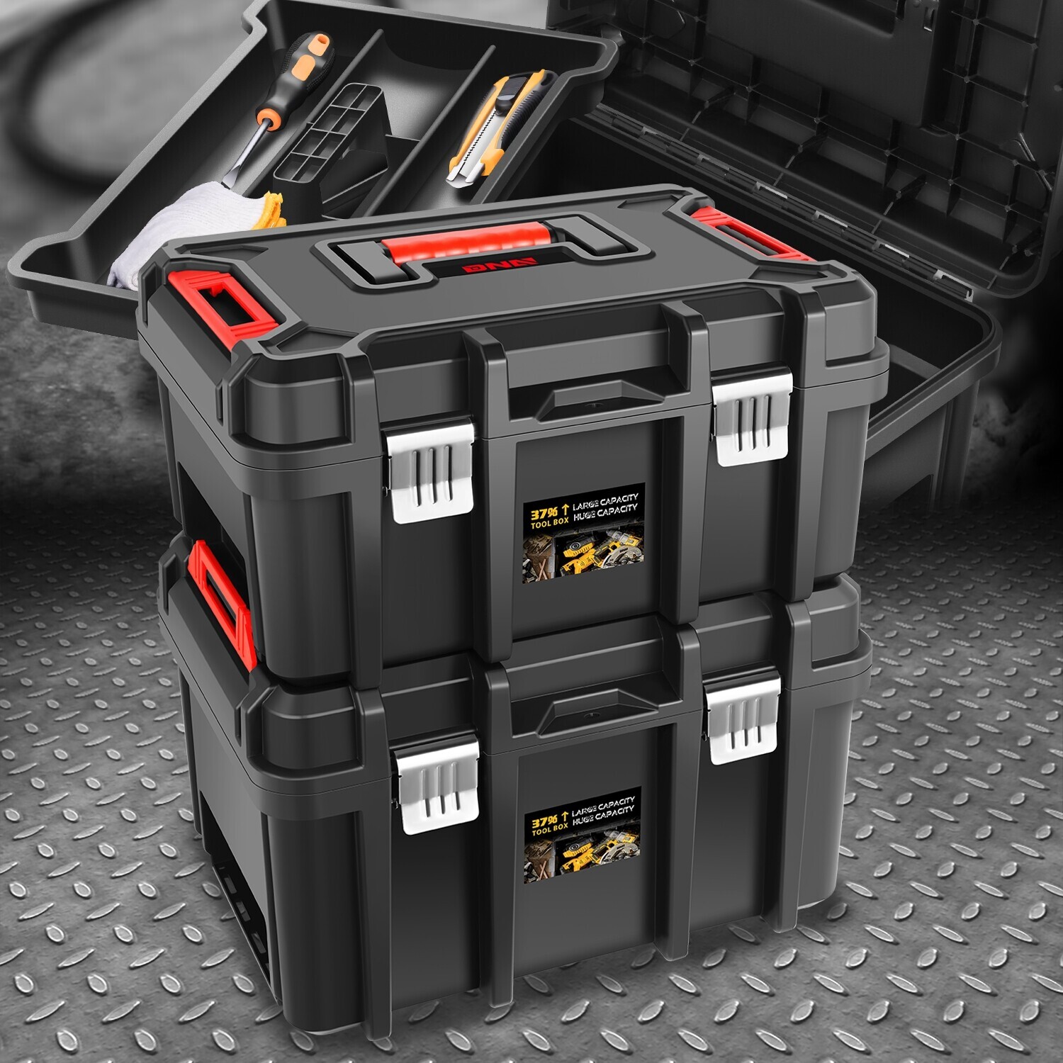 [2Pcs]Portable Workshop Garage Household Lockable Tool Box Organizer Storage Set gallery