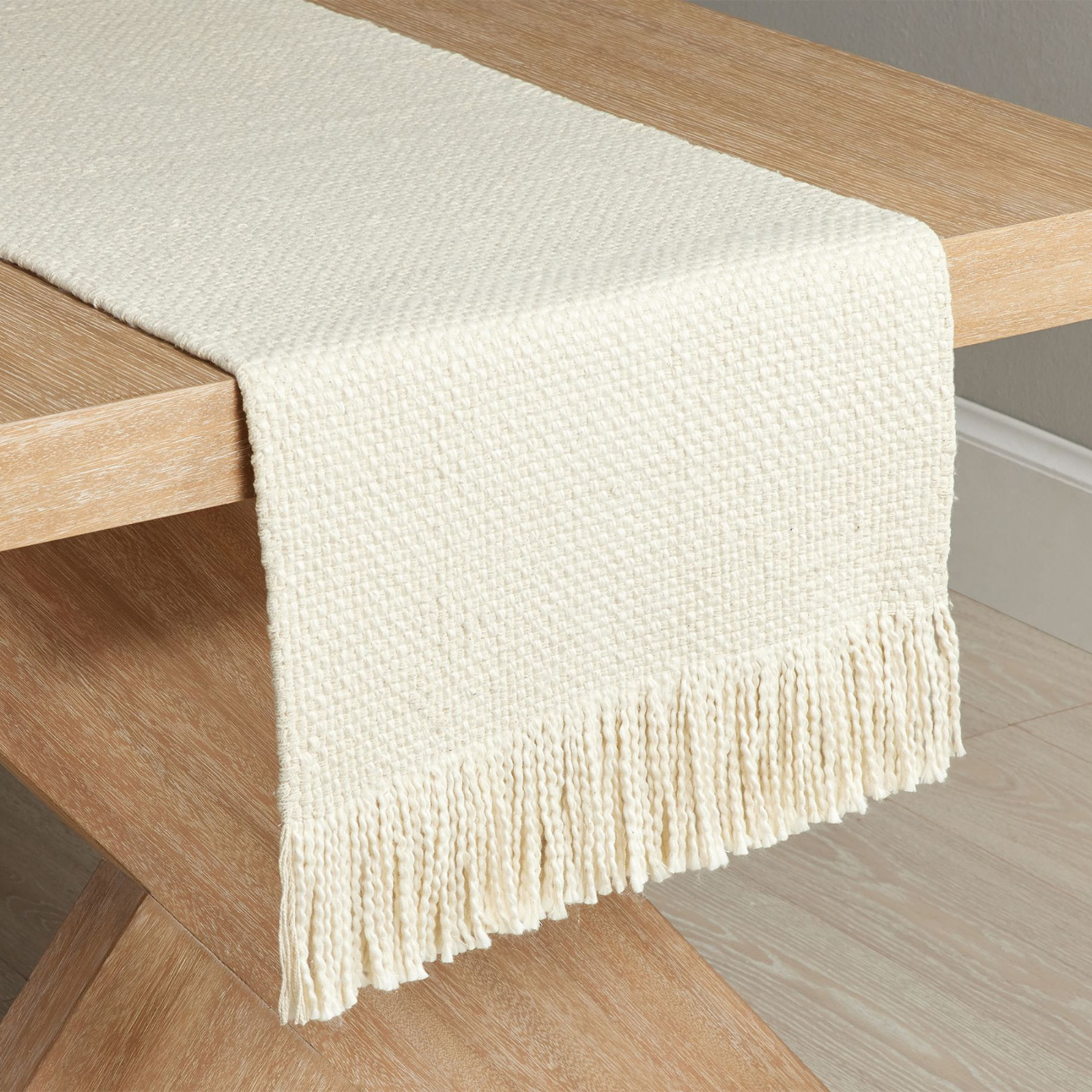 Pottery Barn Handwoven Basketweave Cotton Fringe Table Runner Natural gallery