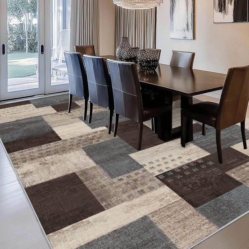 Qduidu Modern Geometric Patchwork Indoor Area Rug For Living Room Blue-Taupe 4X gallery