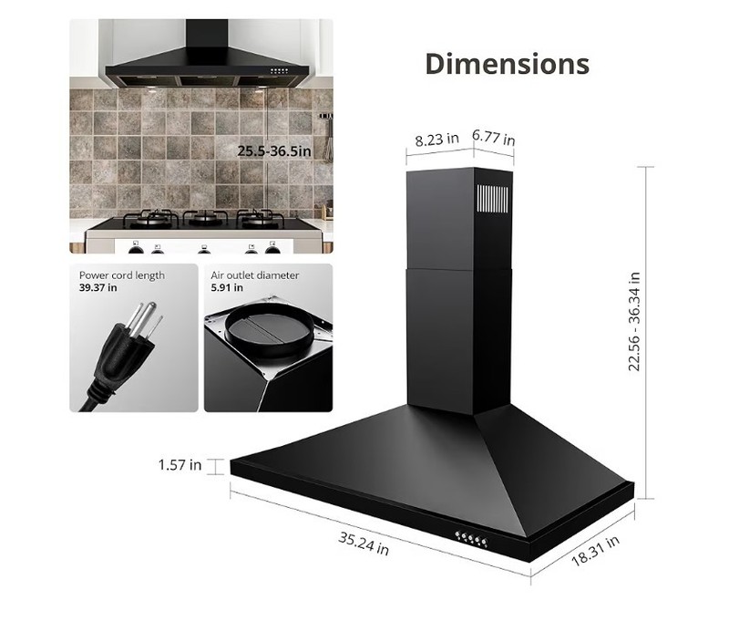 FIREGAS Black Range Hood 36" Ducted Convertible Ductless Wall Mount ChimneyStyle gallery