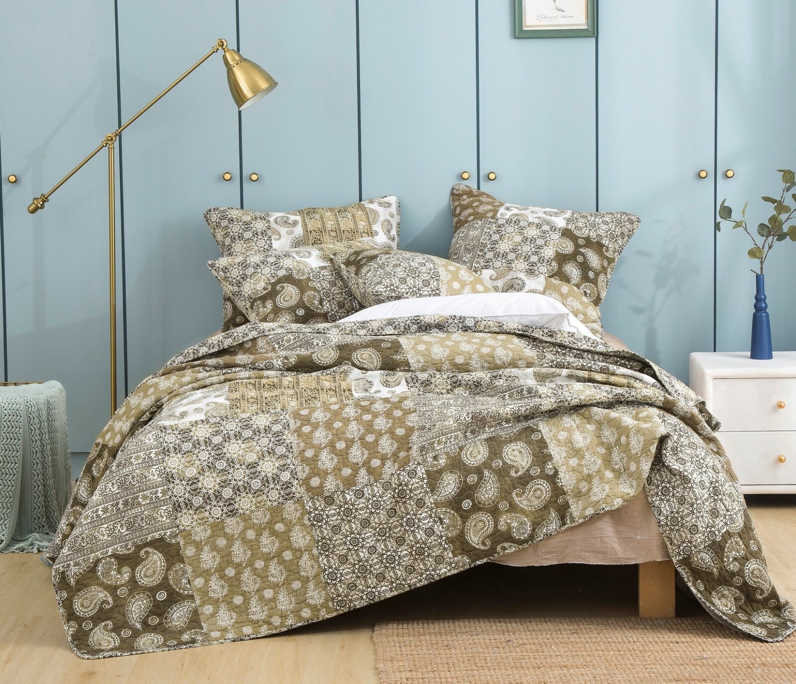 DaDa Bedding Bohemian Patchwork Paisley Floral Olive Green Brown Bedspread Set gallery