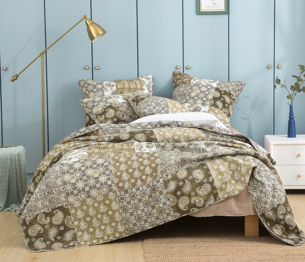 DaDa Bedding Bohemian Patchwork Paisley Floral Olive Green Brown Bedspread Set
