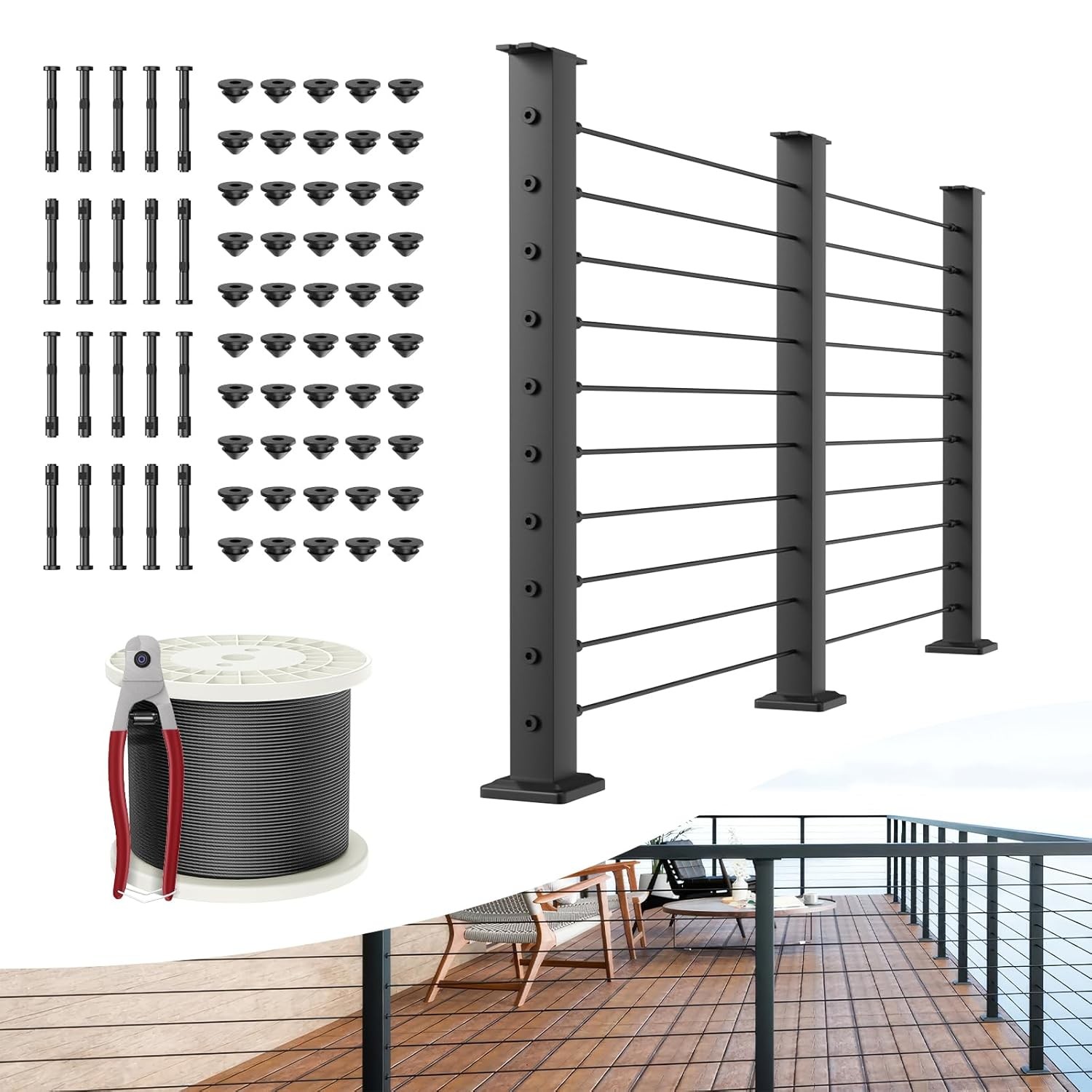 8-16FT Cable Railing Kit 36" Black Level Posts Swageless System 200FT 1/8" Stain gallery