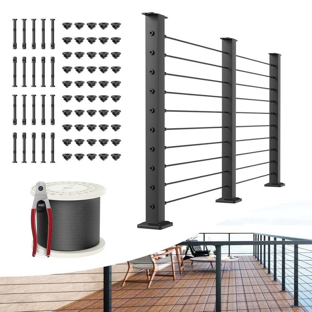8-16FT Cable Railing Kit 36" Black Level Posts Swageless System 200FT 1/8" Stain