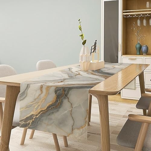 Marble Table Runner White Golden Grey Striped Rustic 13x36in Marble-grey gallery