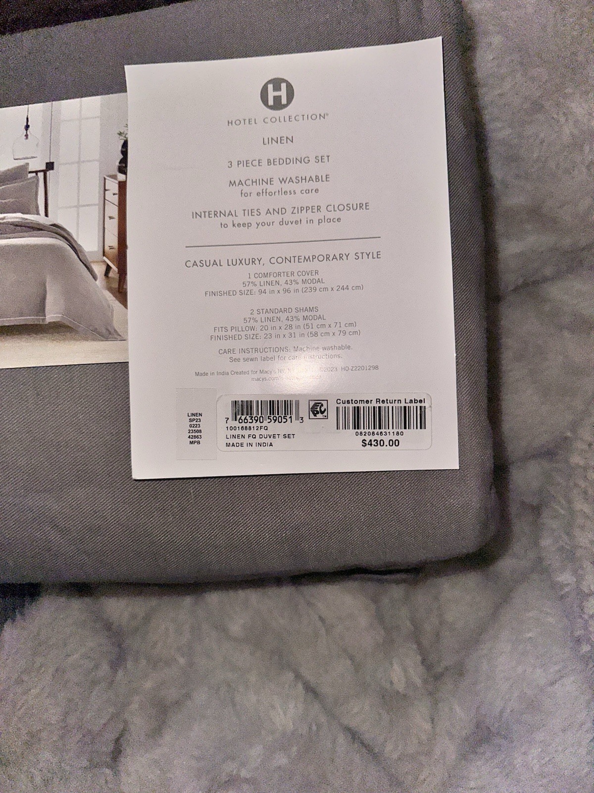Hotel Collection "Linen Modal" 3 Piece King Duvet Set With Shams, Slate Gray New gallery