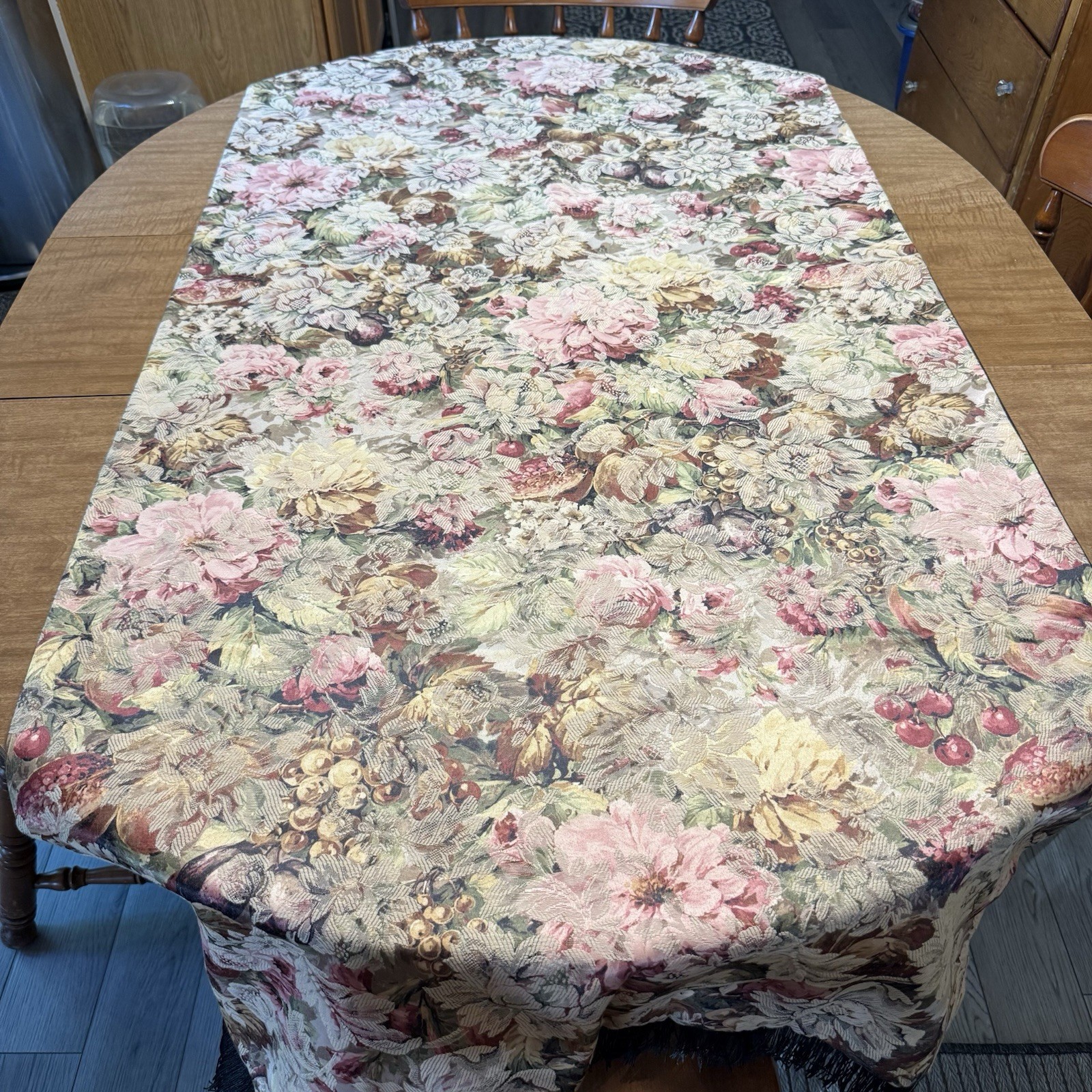 VTG Floral Damask Brocade Table Runner Black Silky Lining Fringe Custom 72x32” gallery