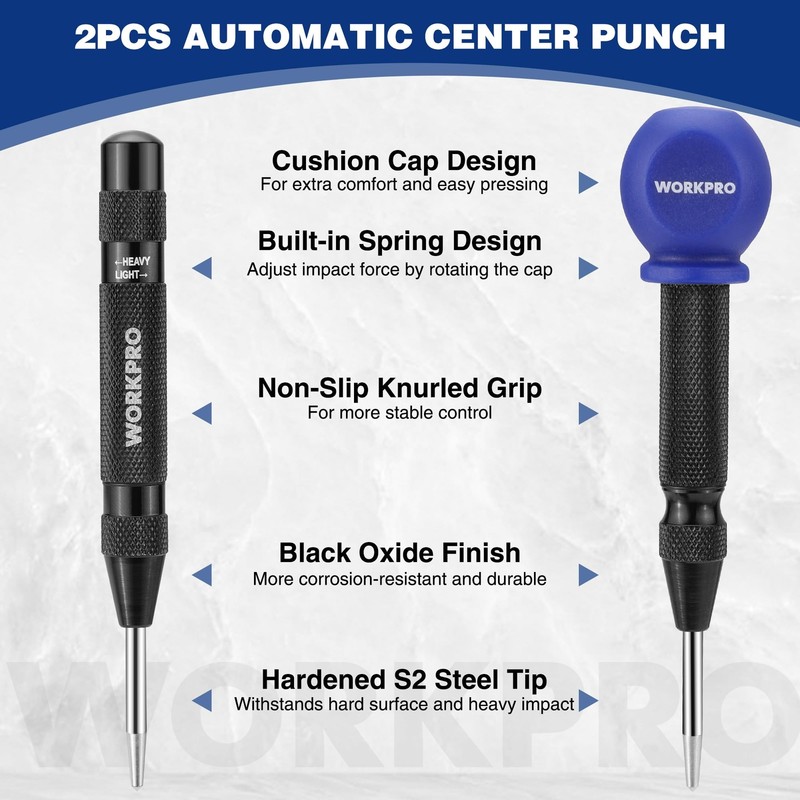 WORKPRO 2Pack Automatic Center Punch Adjustable Spring Loaded Metal Center Punch gallery