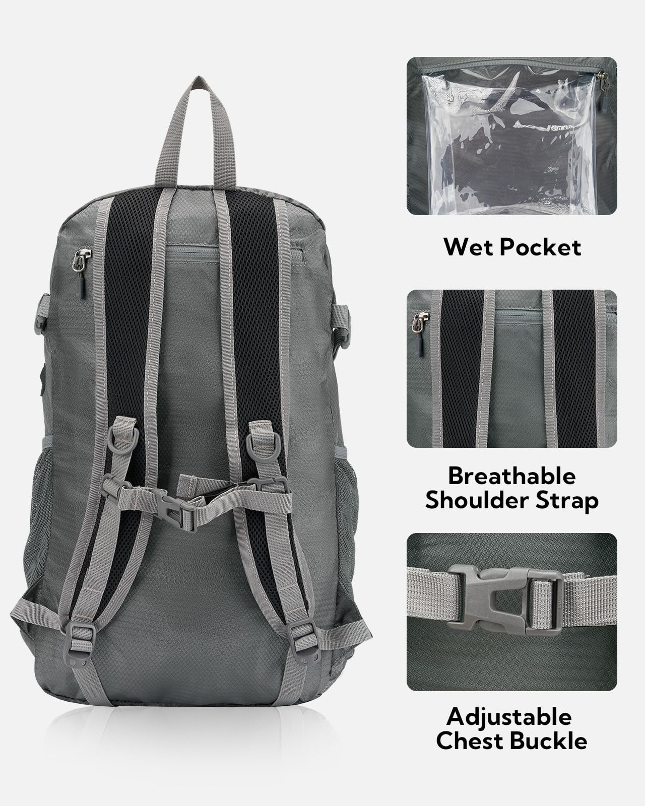 Grey 30L Lightweight Packable Hiking Backpack Foldable Travel Daypack Bag 5