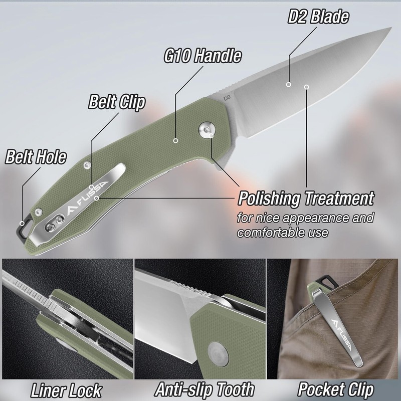 FLISSA Green/Brown Folding Pocket Tactical Knife G10 Handle D2 Blades Liner Lock gallery