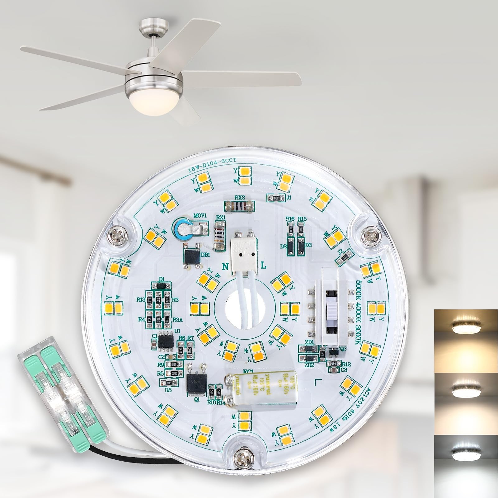 4 Inch Ceiling Fan LED Light Replacement, 18W 2200LM 3CCT 3000/4000/5000K gallery
