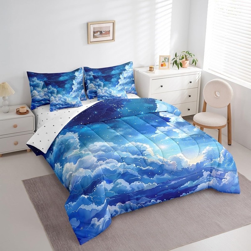 Blue Night Sky Comforter Set with Sheets Clouds Stars Moon Printed 7 Piece Be... gallery