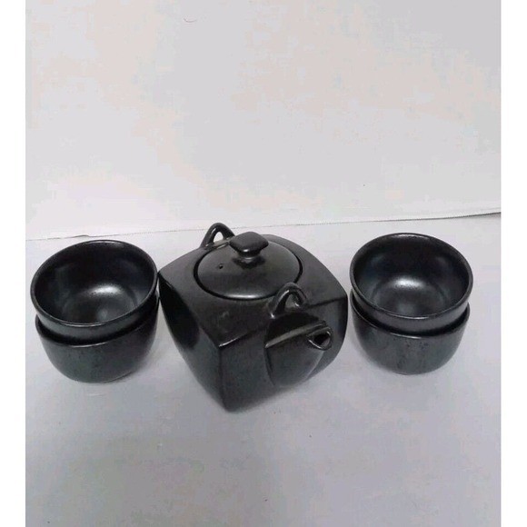 Matte Black Ceramic Tea Set 5pc Square Teapot and 4 Tea Cups Minimalist Modern gallery