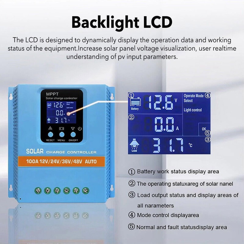 4800W 100A MPPT Solar Charge Controller 12V/24V/36V/48V Battery PV Regulator US gallery