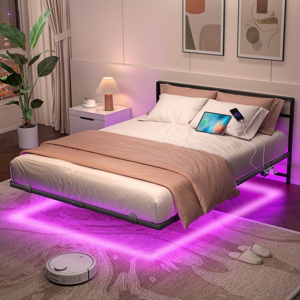 Queen Floating Bed Frame with Headboard, Modern Platform Bed Frame with LED Ligh
