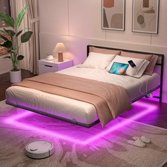 Queen Floating Bed Frame with Headboard, Modern Platform Bed Frame with LED Ligh