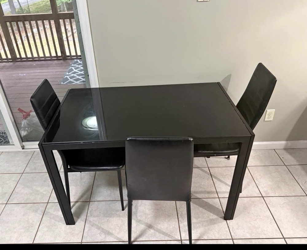 Black Glass & Metal Rectangular Dining Table Set w/ 4 Chairs, Seats 4