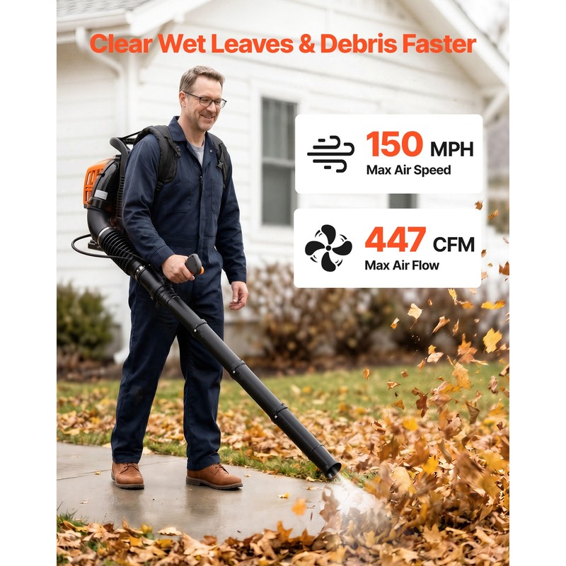 Uimoso Gas-Powered Backpack Leaf Blower, 43CC 2-Stroke, 447CFM, 150MPH gallery
