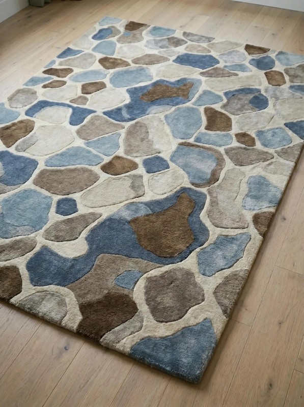 Hand Tufted Wool Pebble Pattern Rug, Modern Neutral Blue Brown Area Rug 9x12 Lar gallery