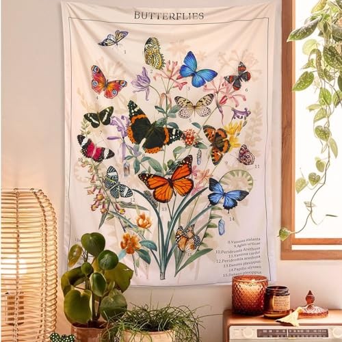 Butterfly Tapestry Vertical Vintage Floral Tapestries for 40"L x 30"W Beige gallery