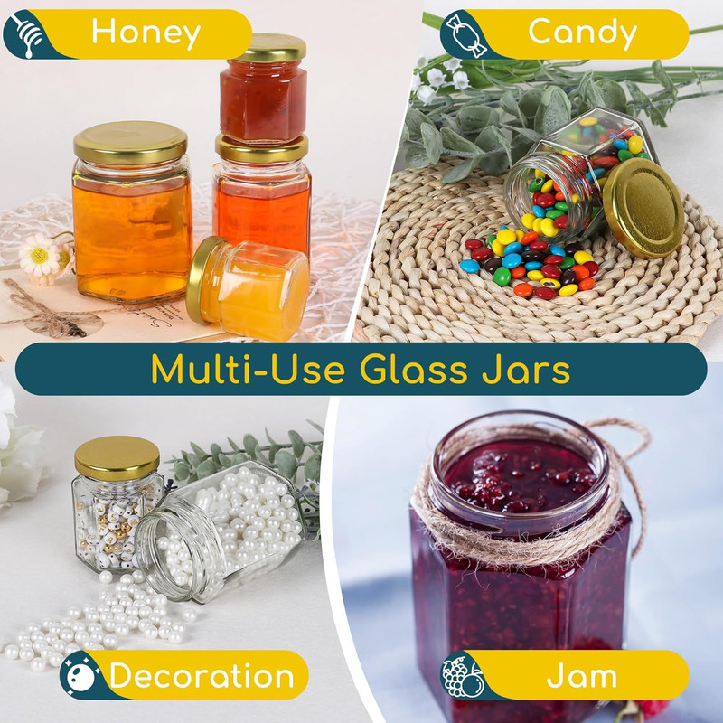 3 Oz Honey Jars,30 Pack Hexagonal Glass Jars with Gold Lids,90Ml Small Canning J gallery