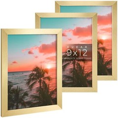 9×12 Picture Frames 3 Pack with Mat for 6×8 or 9×12 Engineered Wood Photo Gold