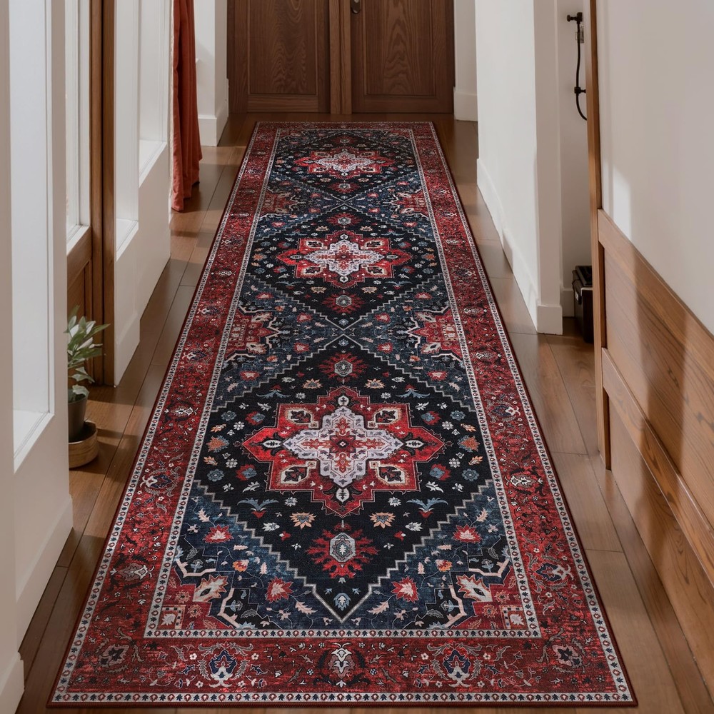 Washable Vintage Runner Rug - 2'6" x 10' ft Hallway Carpet, Boho Low Pile Lon...