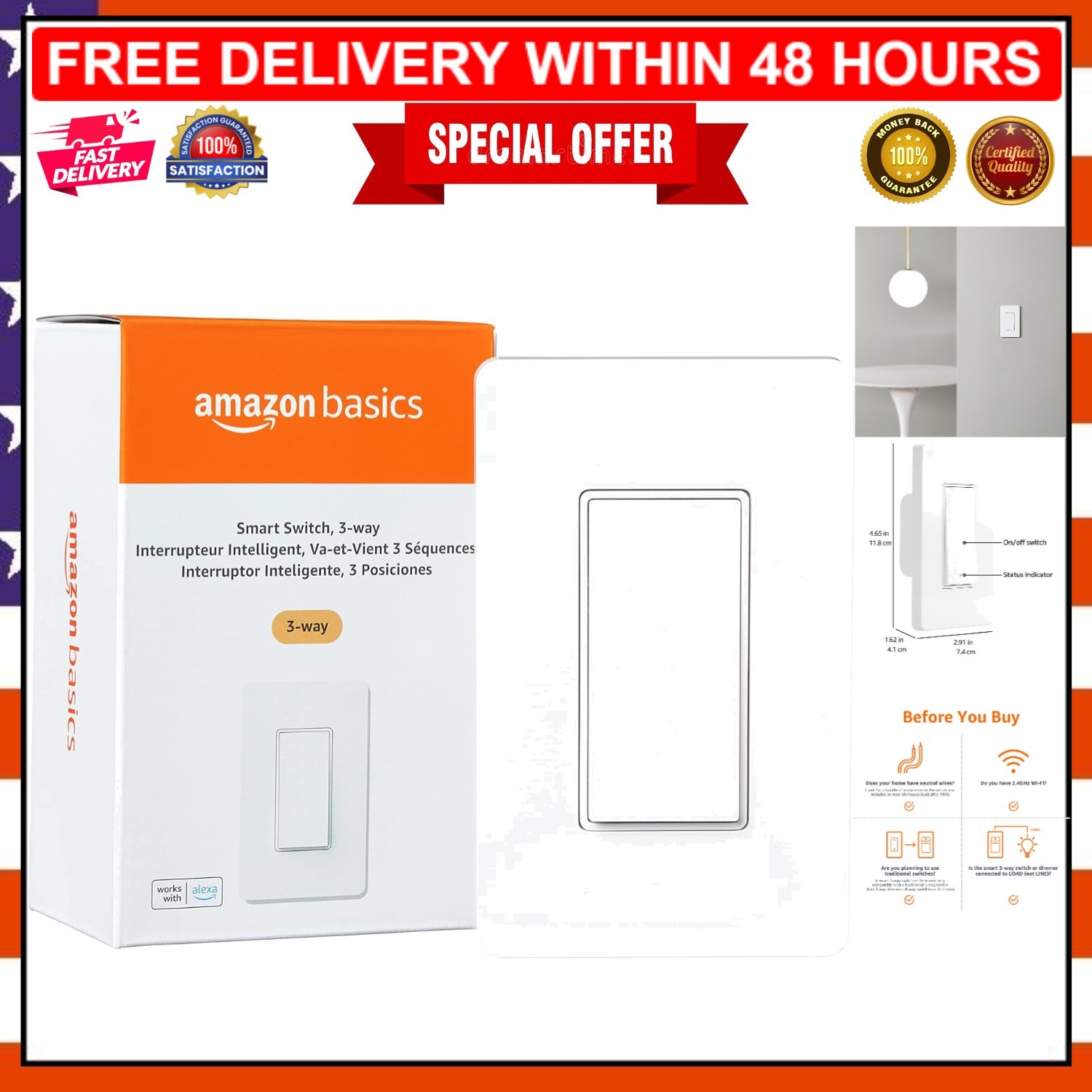 Elegant White 3-Way SMART Switch - Voice-Activated Control, No Hub Required gallery