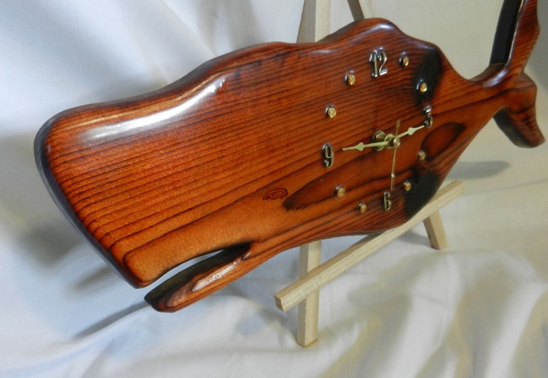 Vintage Handmade, Rustic Varnished Solid Wood Wall Clock Moby Dick Sperm Whale gallery