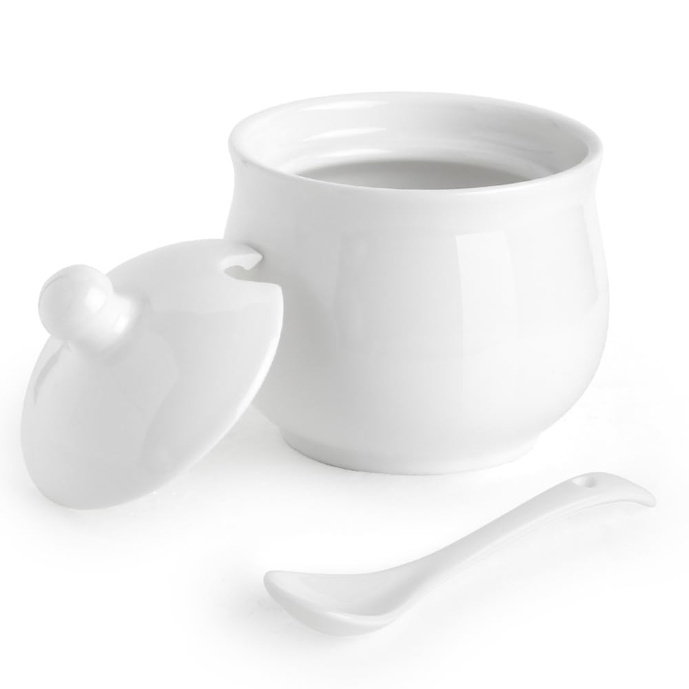 Ceramic Sugar Bowl with Lid and Spoon, Porcelain Salt Storage Jar, White Seasoni gallery
