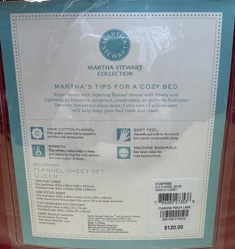 Martha Stewart Collection Red Pepper 100% Cotton Flannel Queen Sheet Set NEW gallery